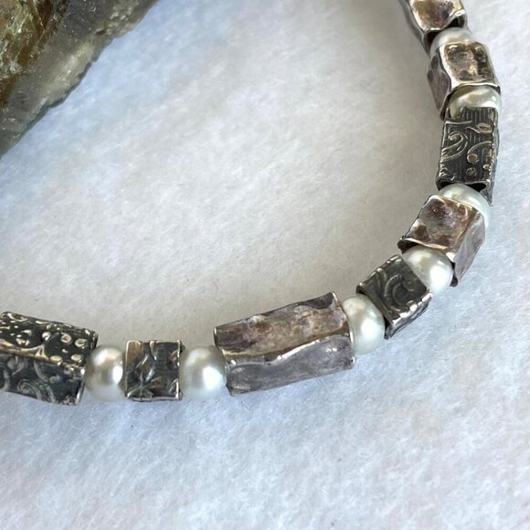 Oxidized Sterling Silver 925 Floral Stamped Rectangular Beaded Pearl Necklace - Picture 6 of 16